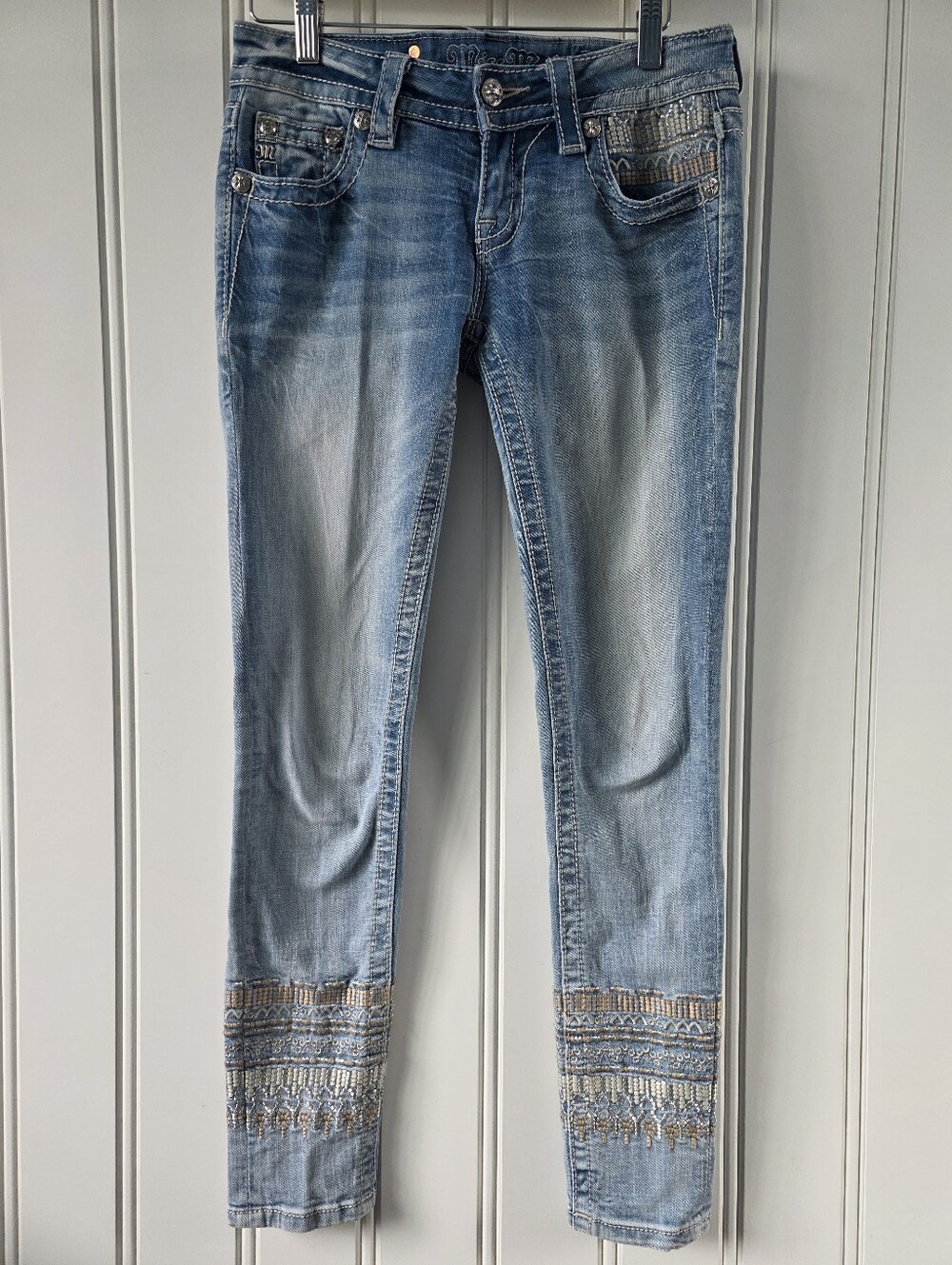 Miss Me Signature Cuffed Skinny Denim Jeans Light Wash Embroidered Size 25 - Picture 1 of 13